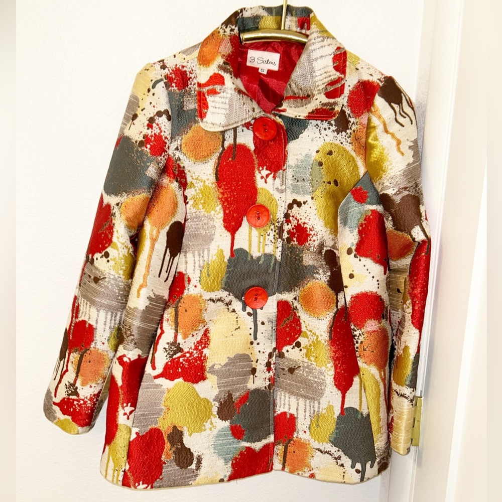 3 SISTERS The Art to Wear Bleeding Heart Multicolor Tapestry Car Coat in SZ: S